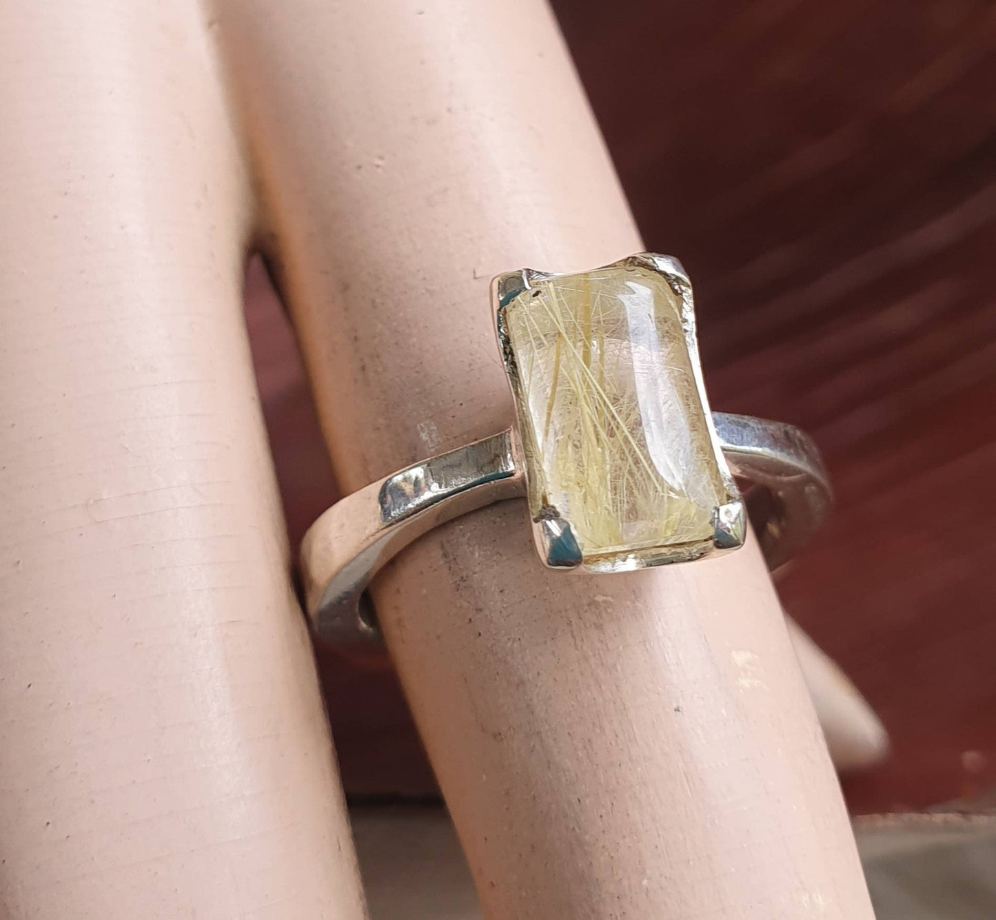 Golden rutilated quartz ring,boho new age,sterling silver,solitare,hammered band