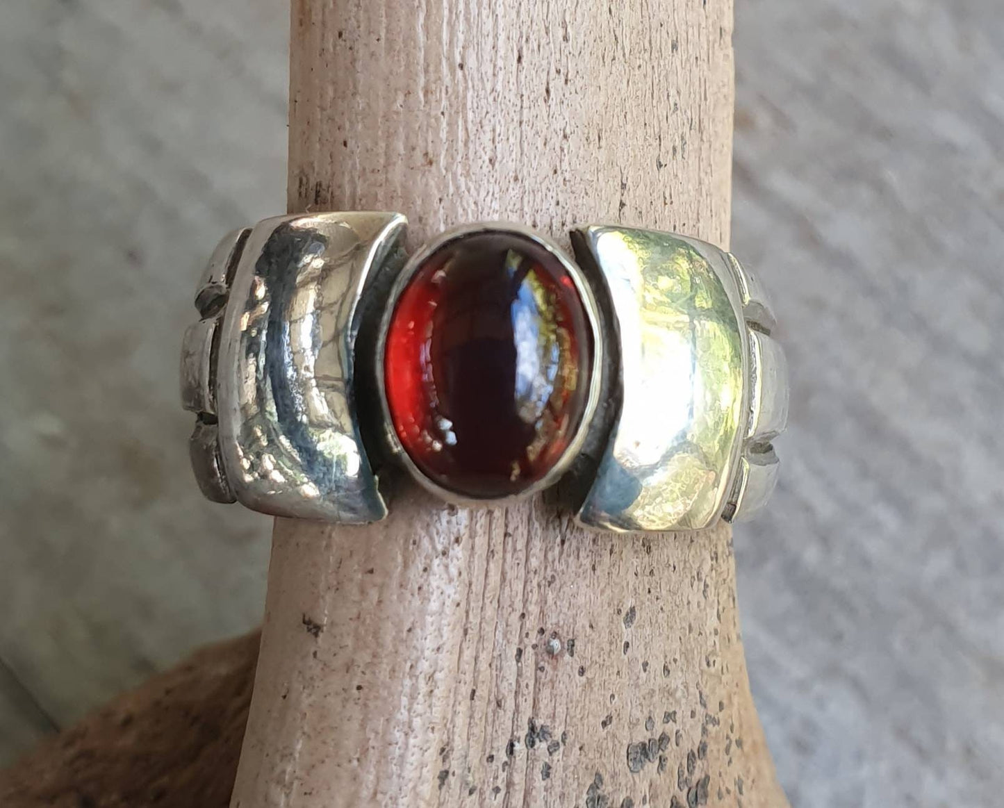 Garnet ring,cabachon ring,sterling silver,unisex band,handmade,boho,gypsy,gemstone ring,silver wedding ring,new age,