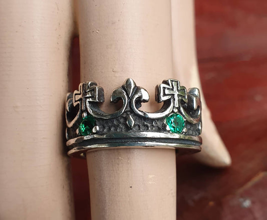 crown ring,sterling silver,Byron emeralds,chunky ring,rockabilly, hipster,wedding band,steampunk gothic