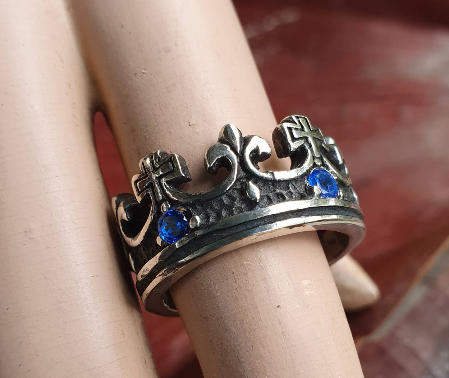 crown ring,sterling silver,synthetic sapphires,chunky ring,rockabilly, hipster,wedding band,steampunk gothic