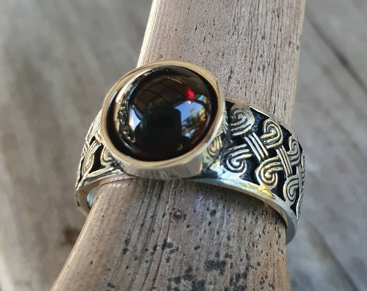 Garnet ring,unisex Celtic band,sterling silver,tribal,ethnic,Maori, scroll ring,