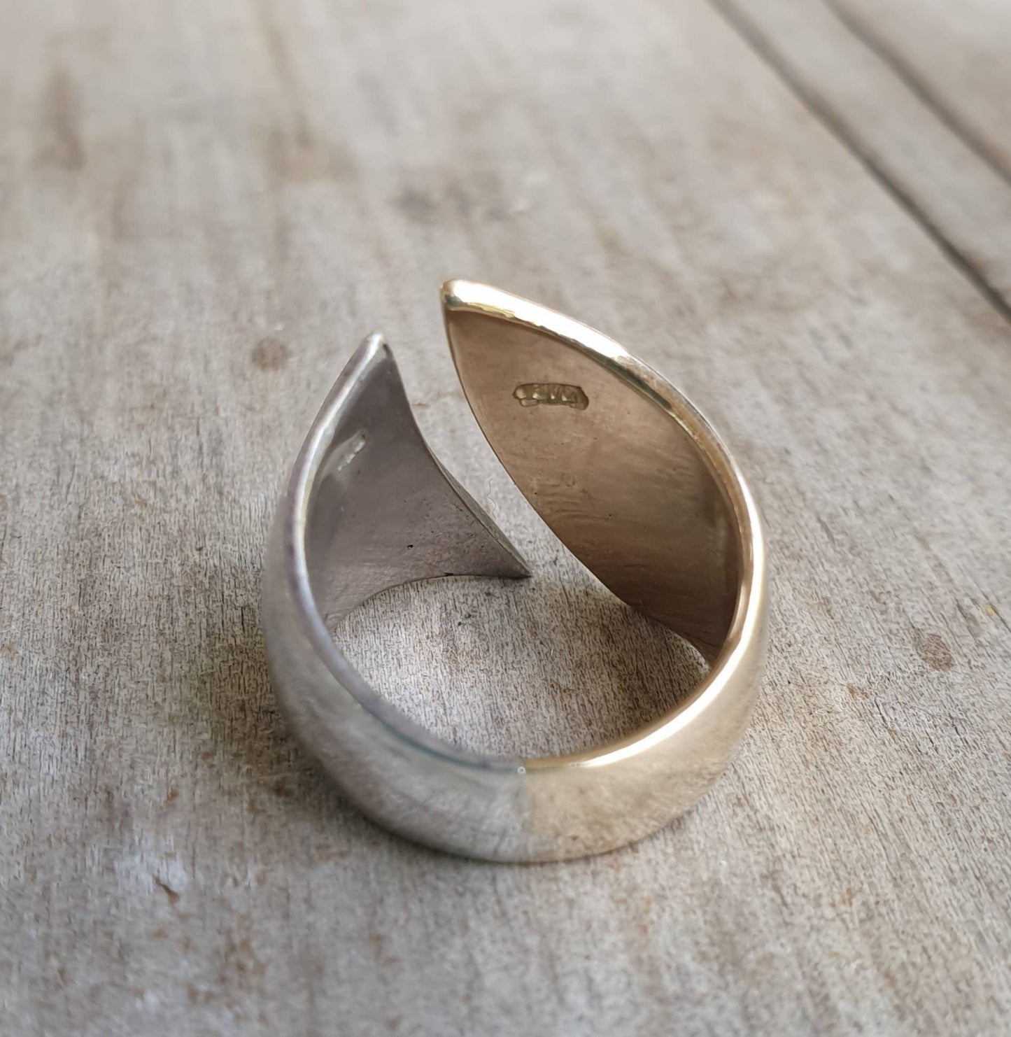 wide silver & gold ring,two tone,half 9ct gold half sterling silver,small size,modern,pinkie ring,handmade