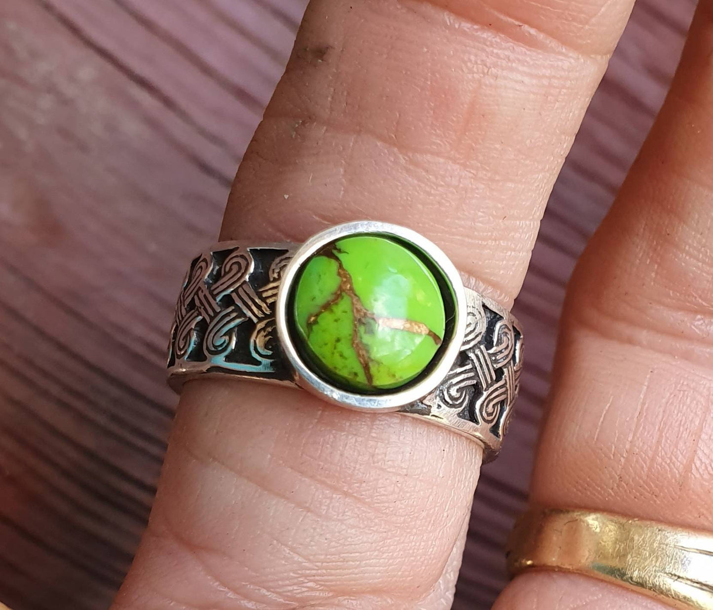 Green moshave ring,Celtic band,copper turquoise,sterling silver,tribal,ethnic,Maori, scroll ring,