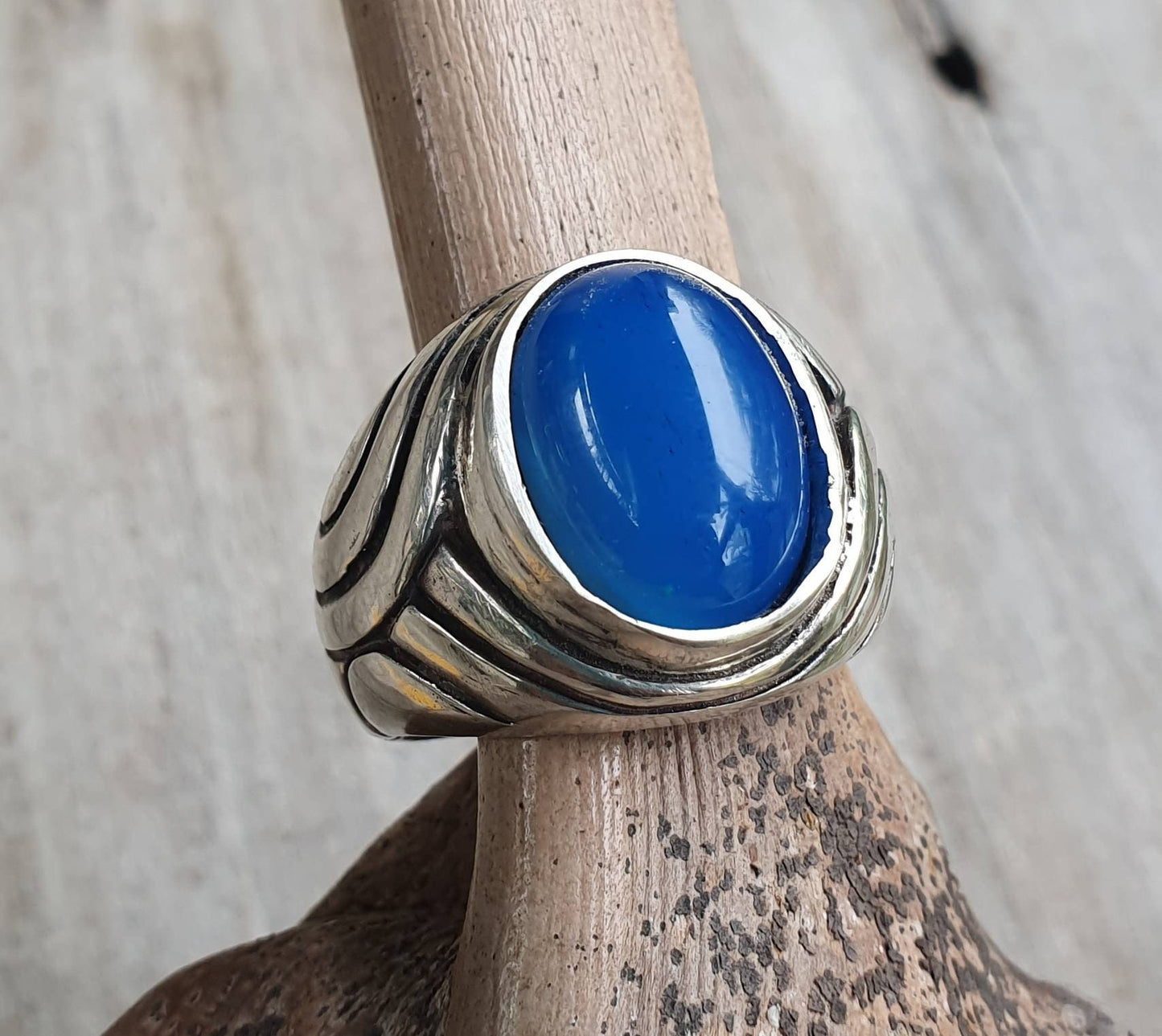 Chunky ring,blue agate,sterling silver,large gemstone,heavy and solid,modern bespoke,boho,mans  dress wedding dress ring