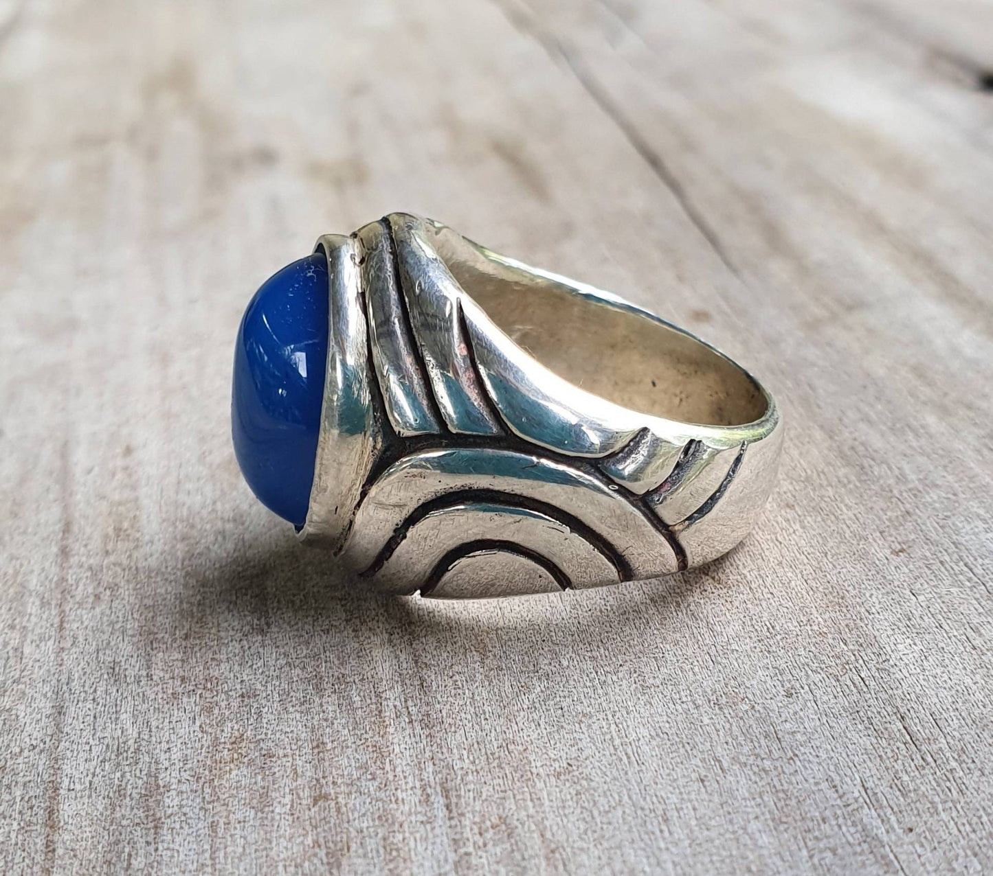 Chunky ring,blue agate,sterling silver,large gemstone,heavy and solid,modern bespoke,boho,mans  dress wedding dress ring