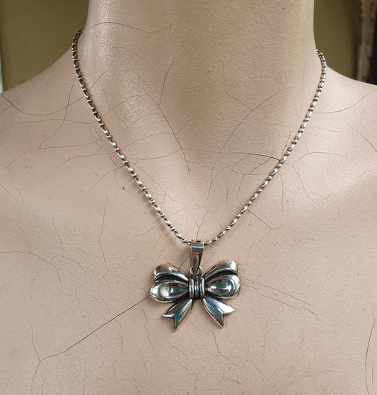 Large bow pendant,sterling silver,ribbon necklace,rockabilly, steampunk,gothic, art nouveau victorian