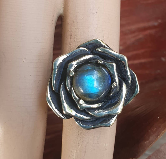 Rose ring,Labradorite,sterling silver,chunky handmade,large rose,boho,chunky ring steampunk, gothic,art nouveau ,victorian