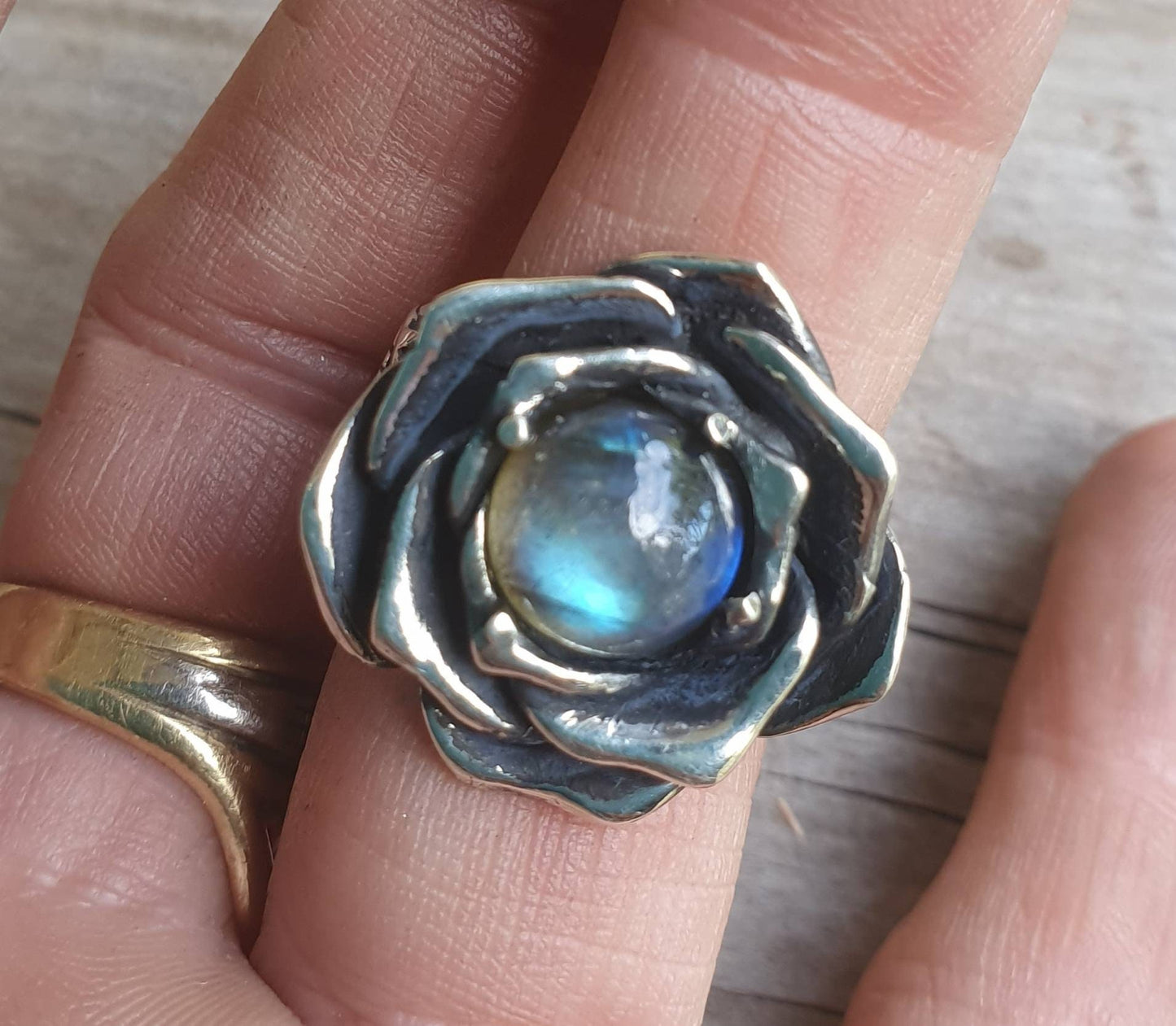 Rose ring,Labradorite,sterling silver,chunky handmade,large rose,boho,chunky ring steampunk, gothic,art nouveau ,victorian