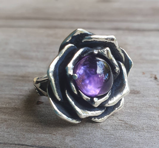 Rose ring,amethyst,sterling silver,handmade,large rose,boho,chunky ring steampunk, gothic, art nouveau ,victorian