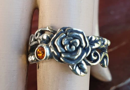 rose ring,sterling silver,orange cz,flower,boho, steampunk,gothic,art nouveau ,victorian,vintage,handmade,gypsy,goddess,women fashion