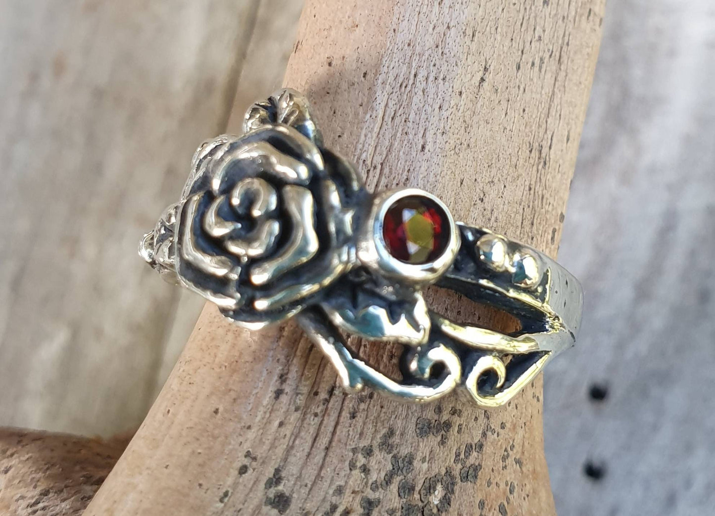 rose ring,sterling silver,Garnet ,flower,boho, steampunk,gothic,art nouveau ,victorian,vintage,handmade,gypsy,goddess,women fashion