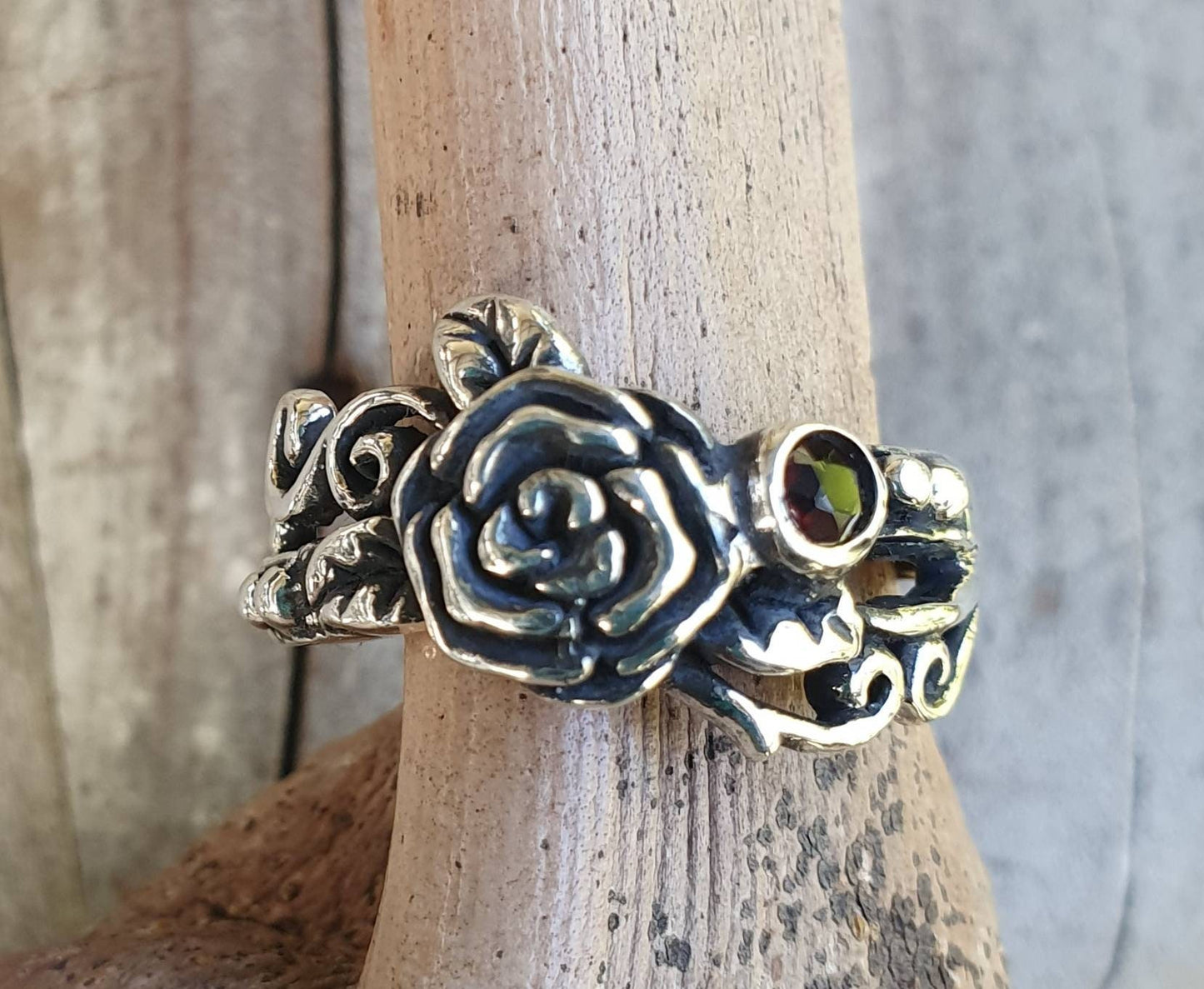 rose ring,sterling silver,Garnet ,flower,boho, steampunk,gothic,art nouveau ,victorian,vintage,handmade,gypsy,goddess,women fashion