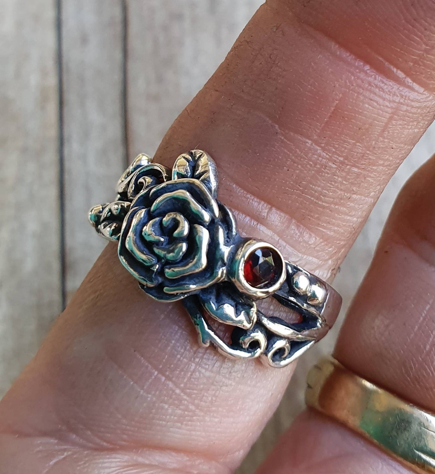 rose ring,sterling silver,Garnet ,flower,boho, steampunk,gothic,art nouveau ,victorian,vintage,handmade,gypsy,goddess,women fashion