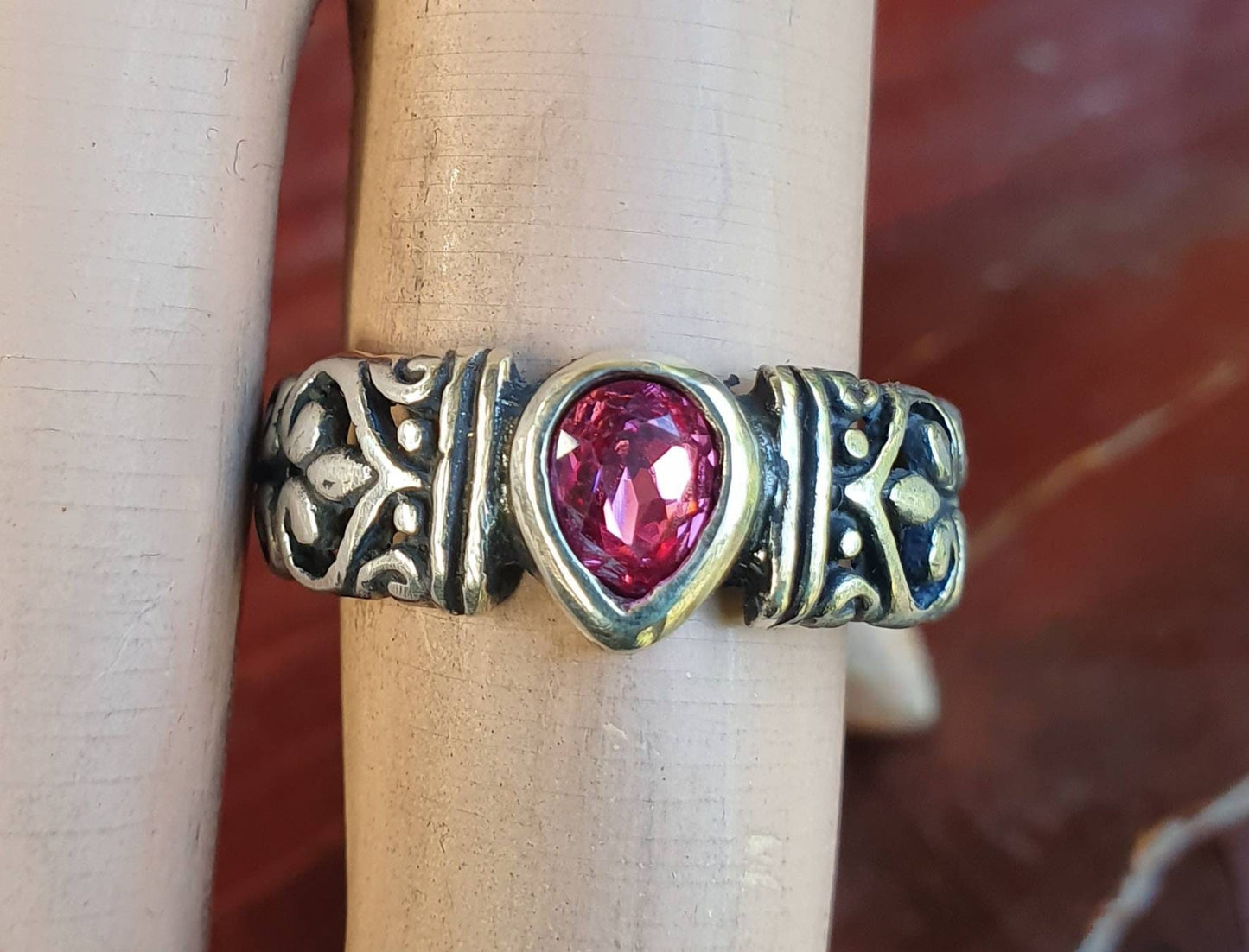 Filegree ring,sterling silver,syn ruby cz,flower,boho,handmade,gypsy,goddess,women fashion