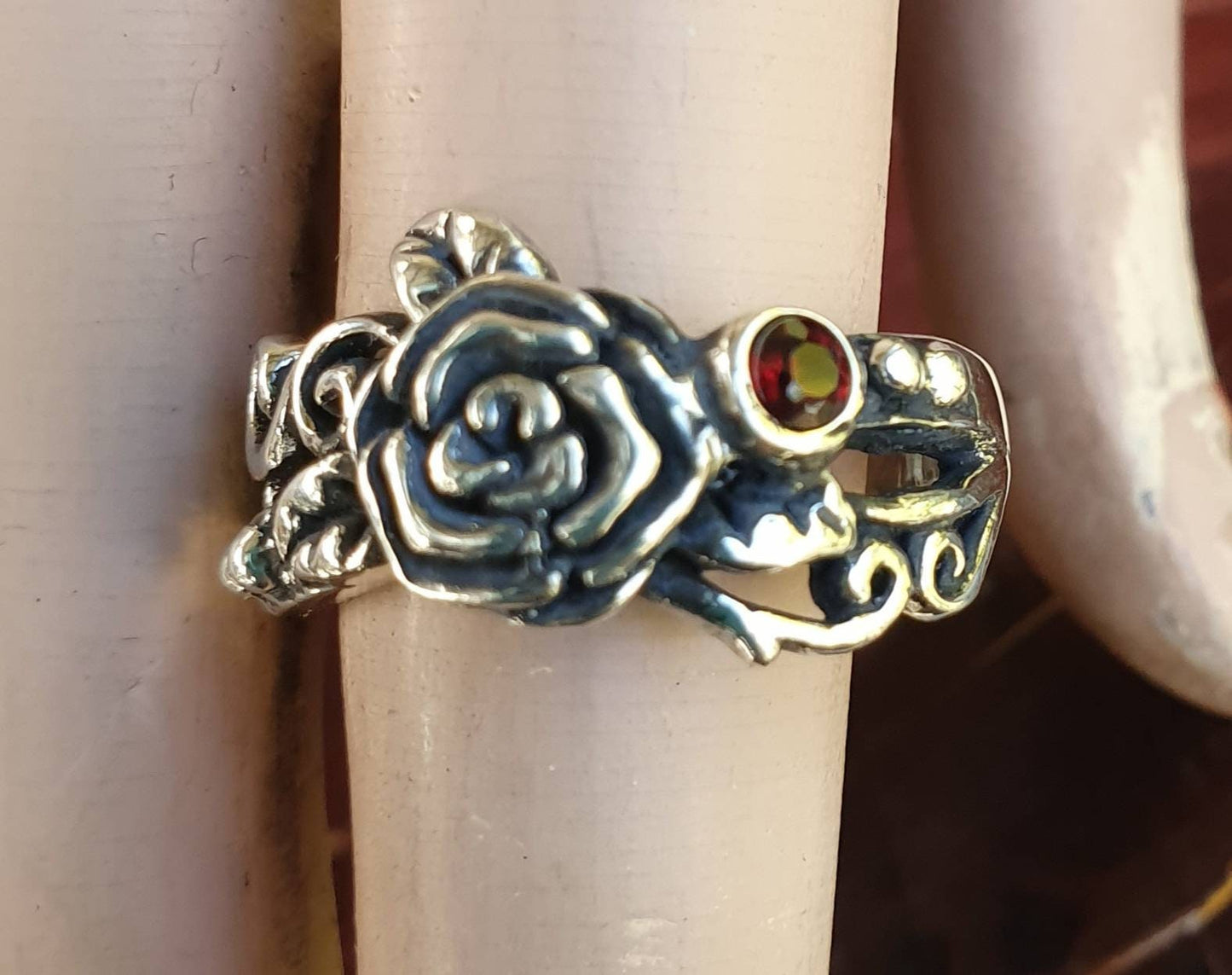 rose ring,sterling silver,Garnet ,flower,boho, steampunk,gothic,art nouveau ,victorian,vintage,handmade,gypsy,goddess,women fashion