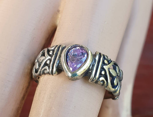 Filegree ring,sterling silver,lavender  cz,flower,boho,handmade,gypsy,goddess,women fashion