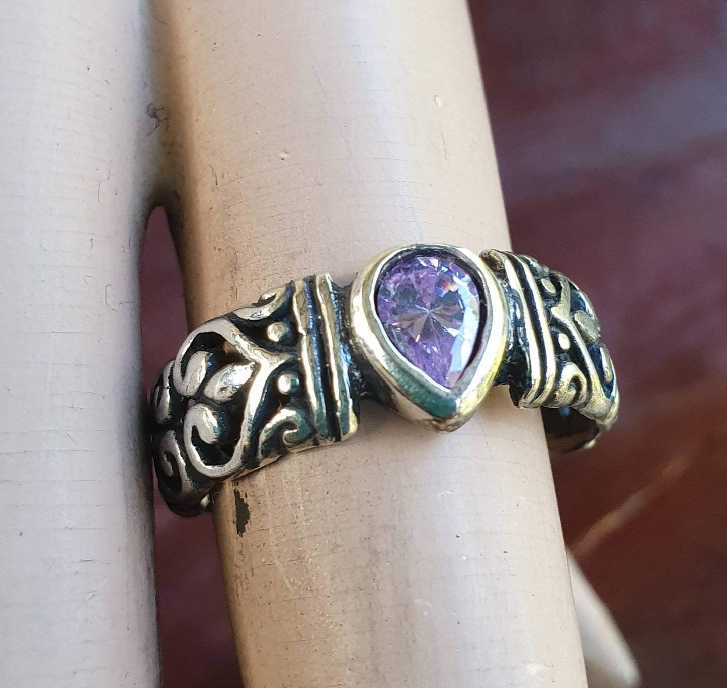 Filegree ring,sterling silver,lavender  cz,flower,boho,handmade,gypsy,goddess,women fashion