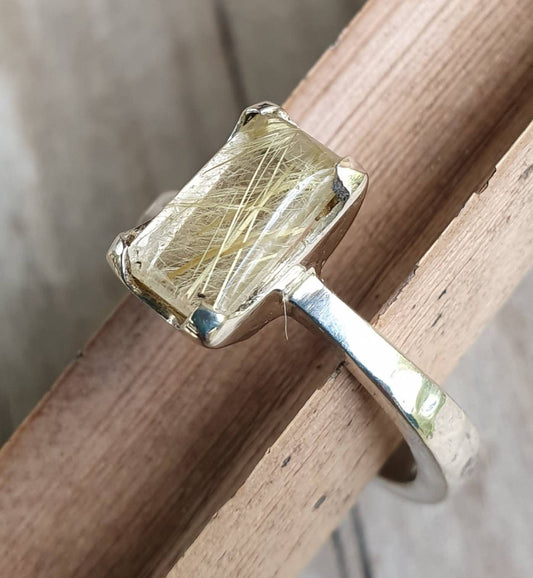 Golden rutilated quartz ring,boho new age,sterling silver,solitare,hammered band