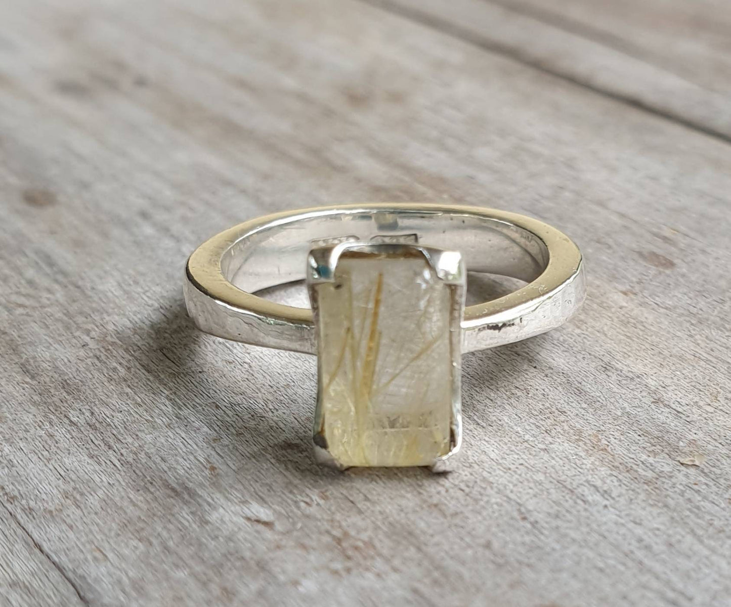 Golden rutilated quartz ring,boho new age,sterling silver,solitare,hammered band