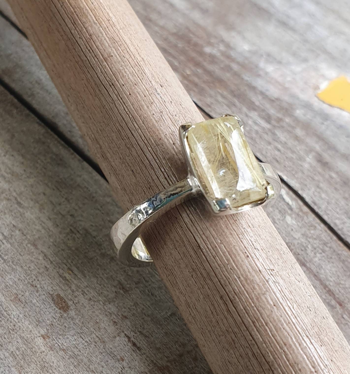 Golden rutilated quartz ring,boho new age,sterling silver,solitare,hammered band