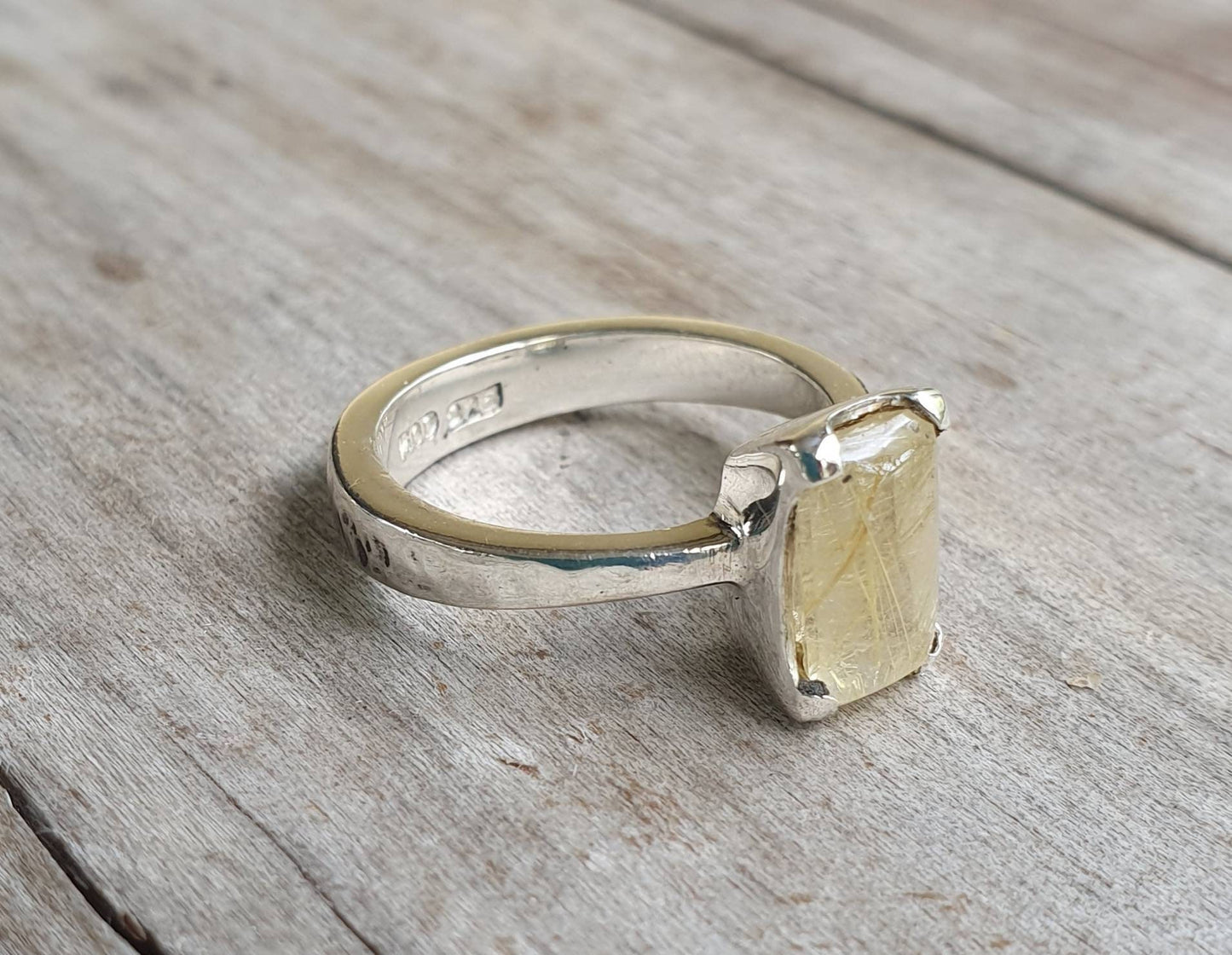 Golden rutilated quartz ring,boho new age,sterling silver,solitare,hammered band