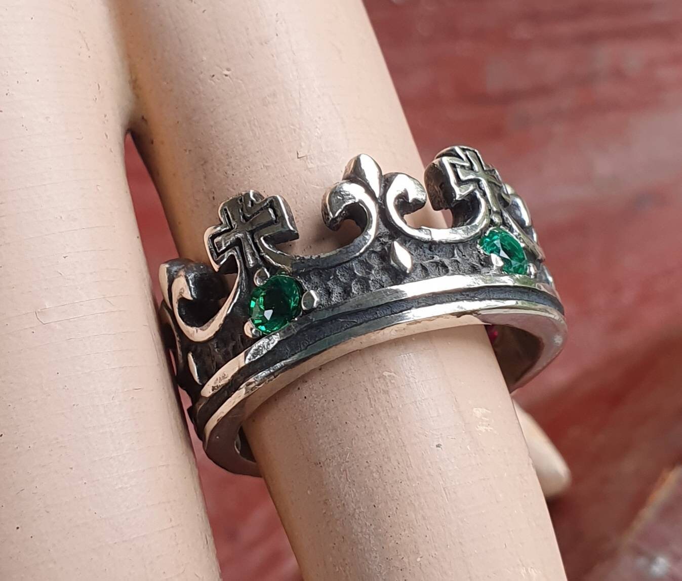 crown ring,sterling silver,Byron emeralds,chunky ring,rockabilly, hipster,wedding band,steampunk gothic