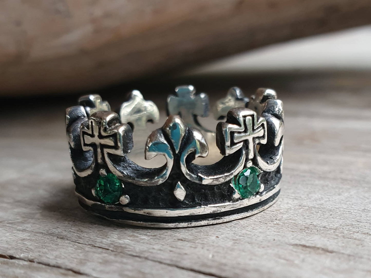 crown ring,sterling silver,Byron emeralds,chunky ring,rockabilly, hipster,wedding band,steampunk gothic