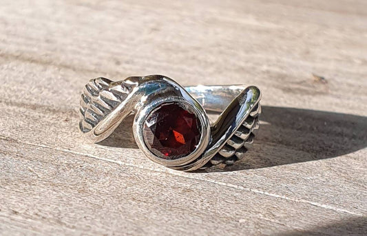 Garnet ring,angel wings,Sterling silver,goddess, winged, feather,bird wings,new age,boho ,gypsy,fairy,