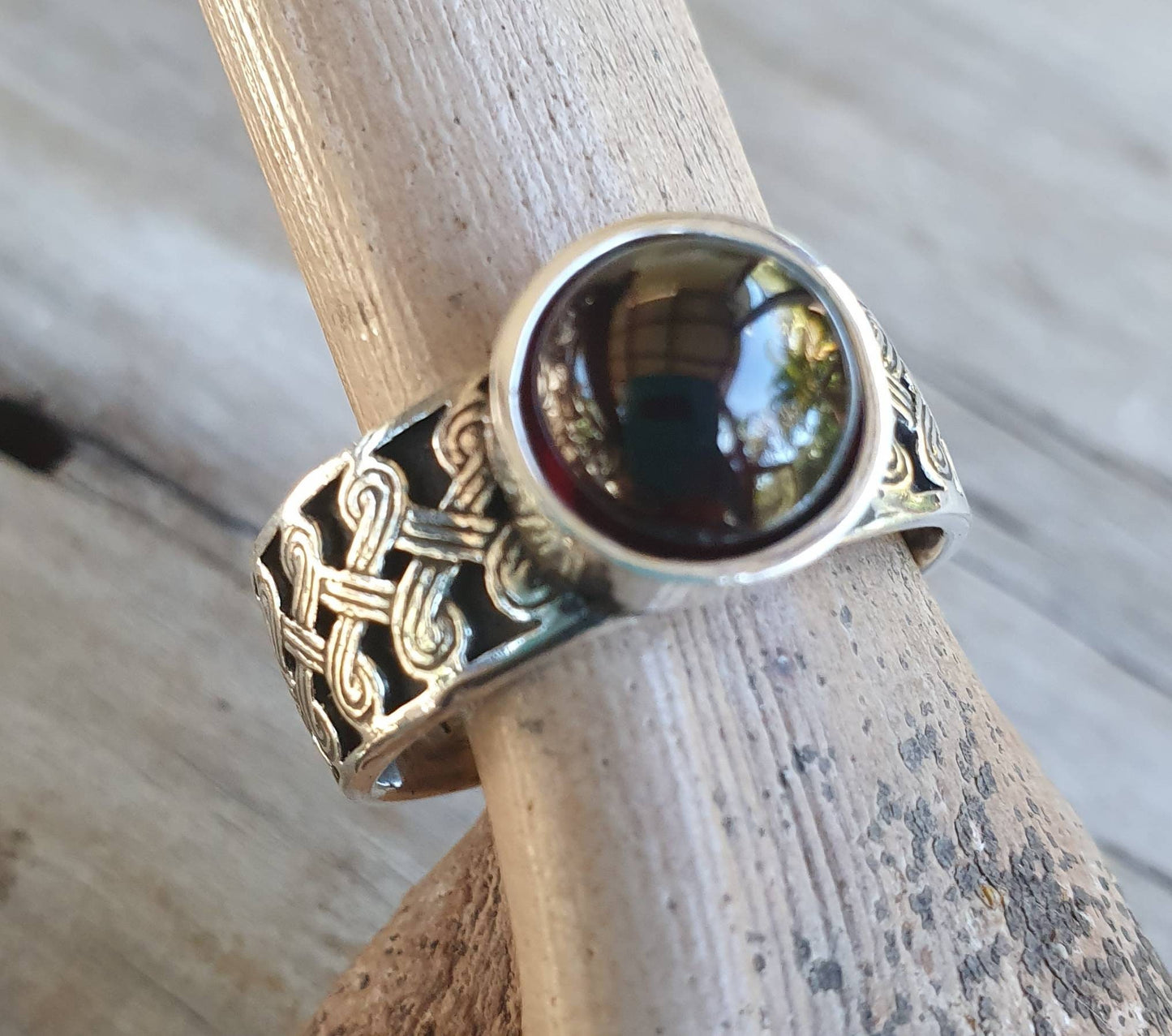 Garnet ring,unisex Celtic band,sterling silver,tribal,ethnic,Maori, scroll ring,