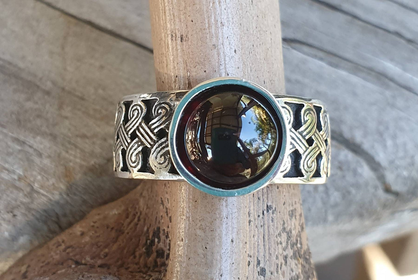 Garnet ring,unisex Celtic band,sterling silver,tribal,ethnic,Maori, scroll ring,