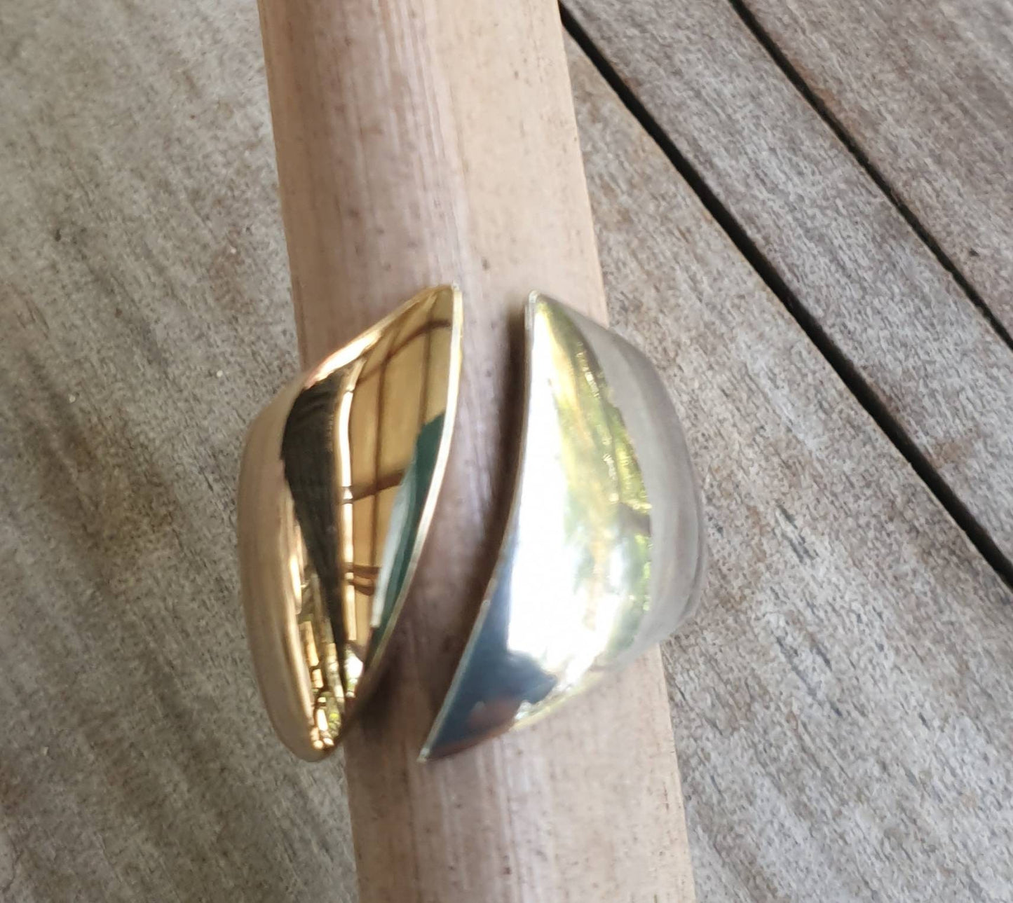 wide silver & gold ring,two tone,half 9ct gold half sterling silver,small size,modern,pinkie ring,handmade