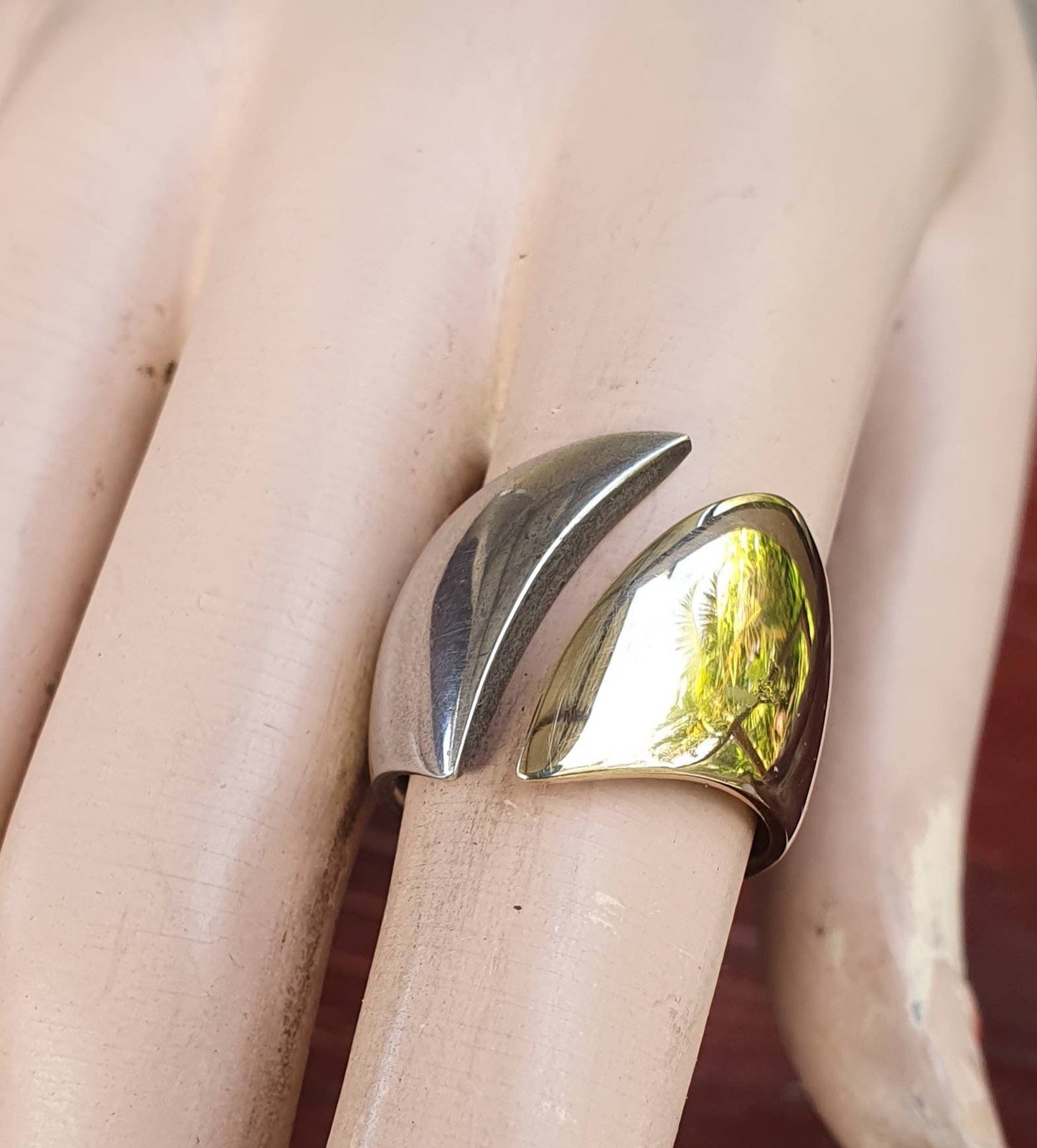 wide silver & gold ring,two tone,half 9ct gold half sterling silver,small size,modern,pinkie ring,handmade