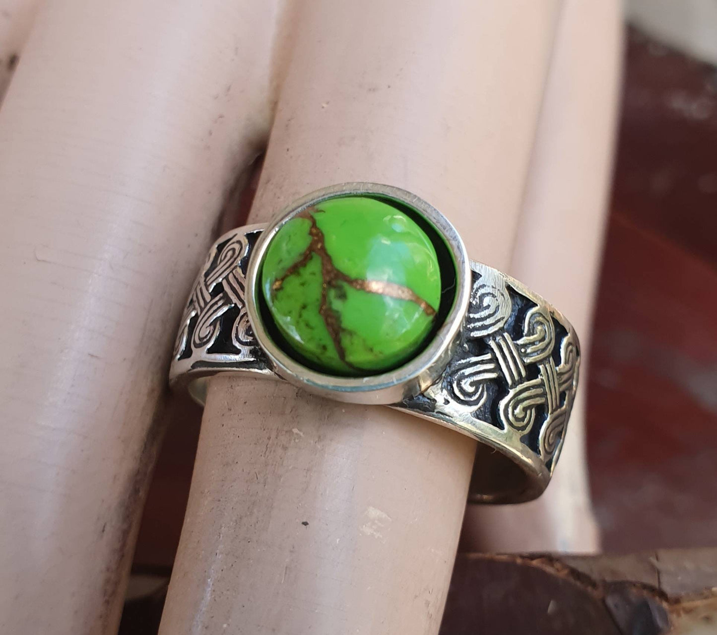 Green moshave ring,Celtic band,copper turquoise,sterling silver,tribal,ethnic,Maori, scroll ring,