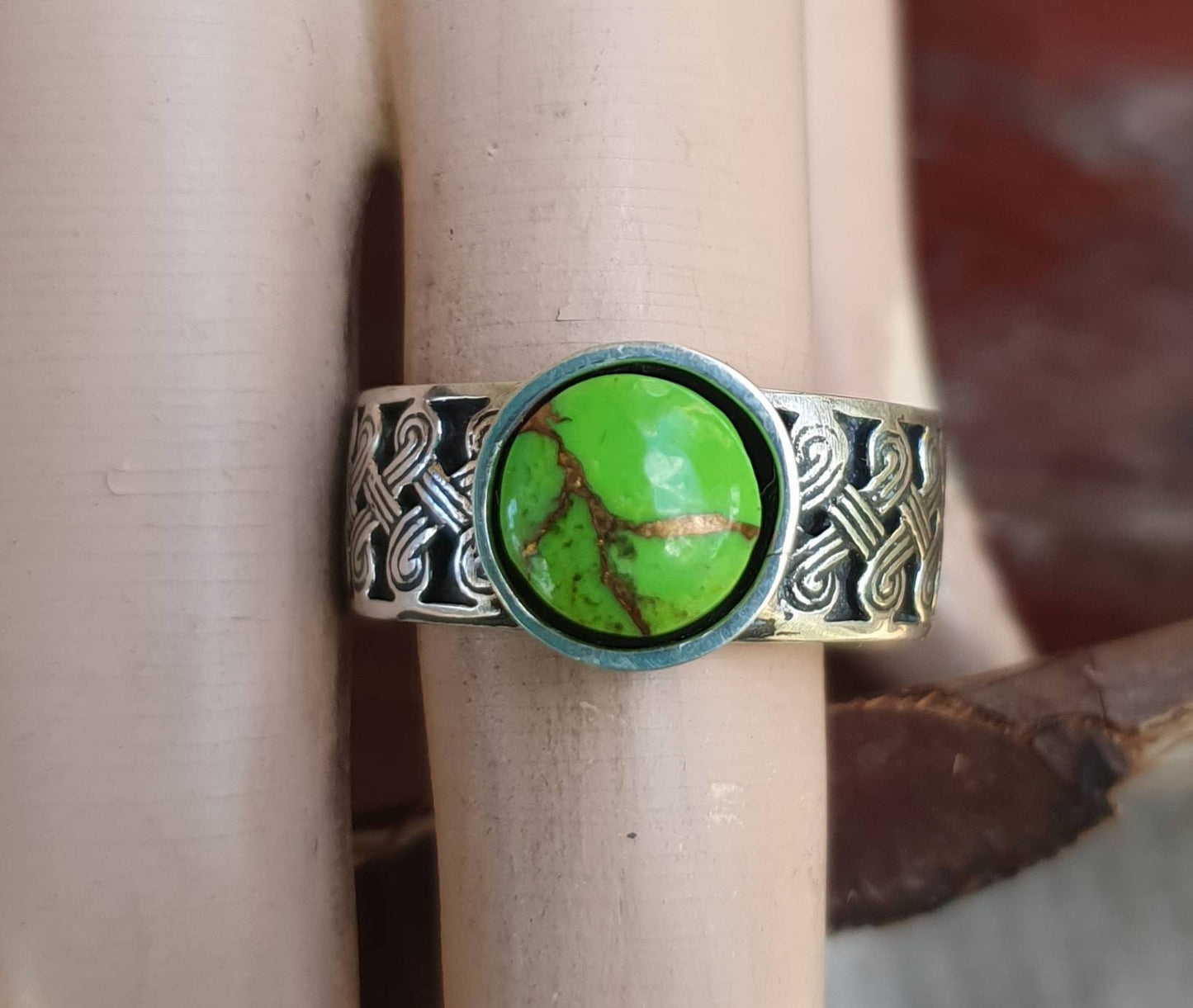 Green moshave ring,Celtic band,copper turquoise,sterling silver,tribal,ethnic,Maori, scroll ring,