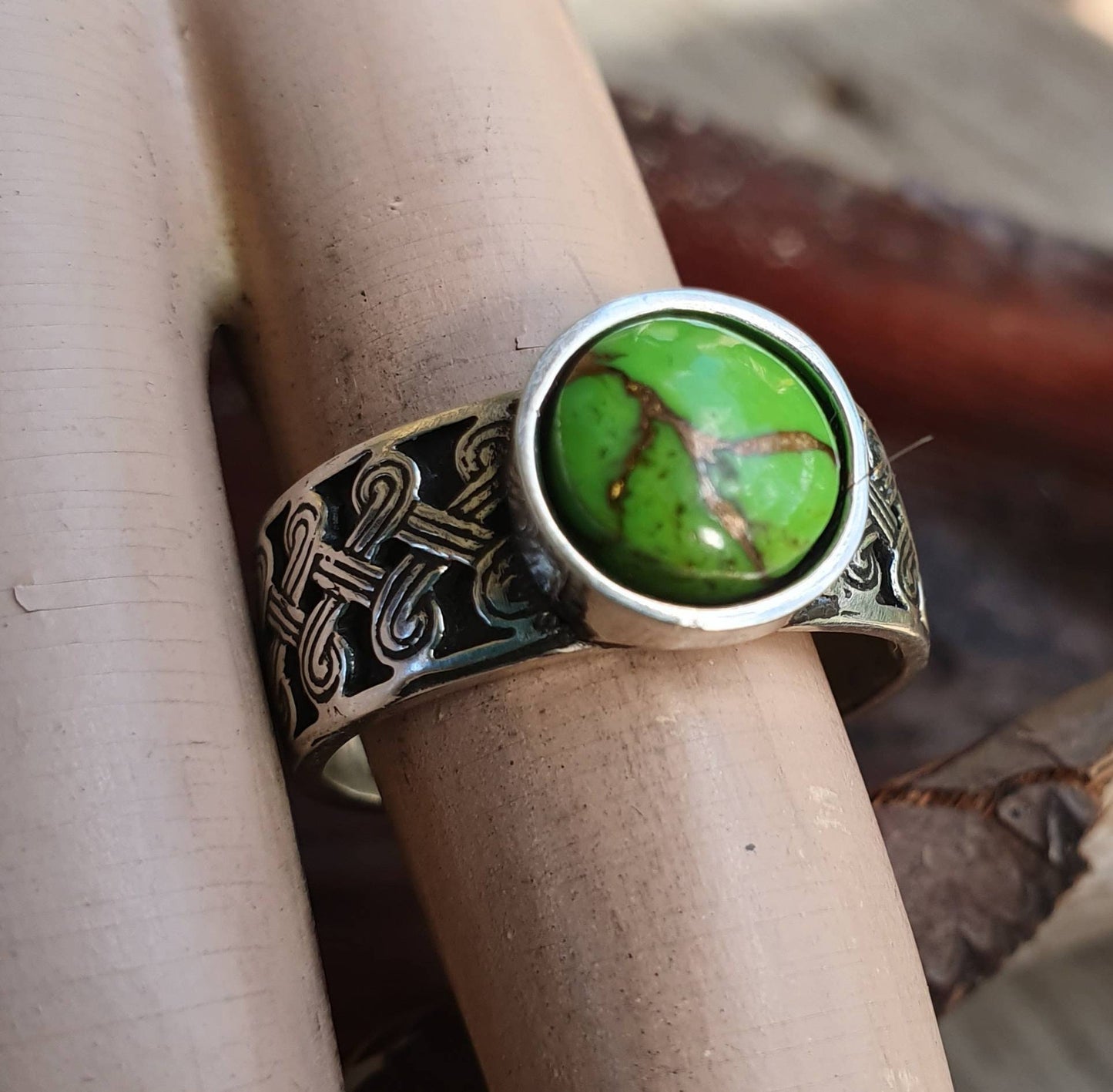 Green moshave ring,Celtic band,copper turquoise,sterling silver,tribal,ethnic,Maori, scroll ring,