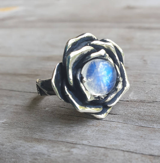 Rose ring,rainbow moonstone,sterling silver,handmade,large rose,boho,chunky ring steampunk, gothic, art nouveau ,victorian