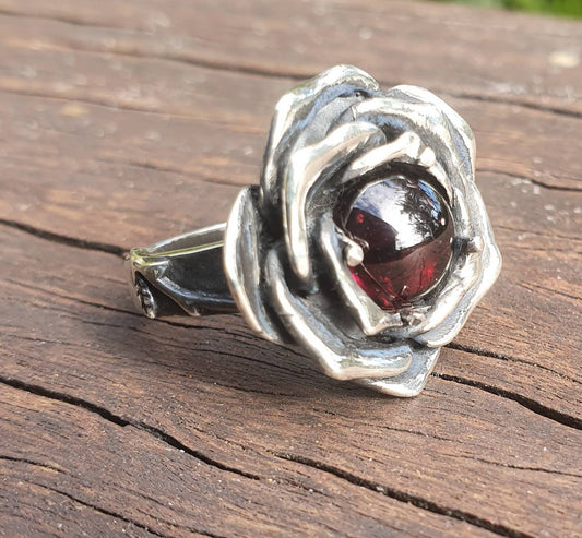 Rose ring,garnet,sterling silver,handmade,large rose,boho,chunky ring steampunk, gothic, art nouveau ,victorian