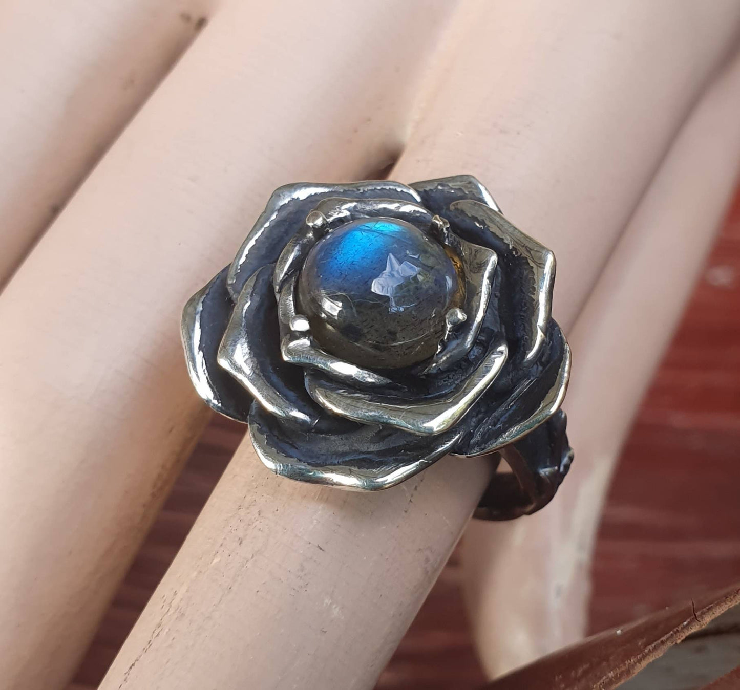 Rose ring,Labradorite,sterling silver,chunky handmade,large rose,boho,chunky ring steampunk, gothic,art nouveau ,victorian