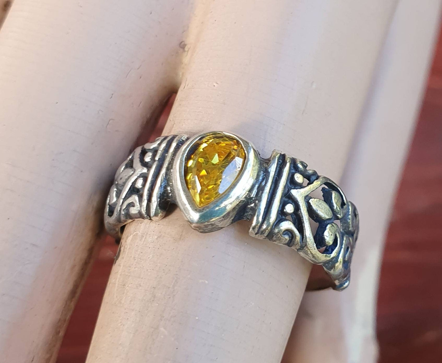 Filegree ring,sterling silver,yellow cz,flower,boho,handmade,gypsy,goddess,women fashion