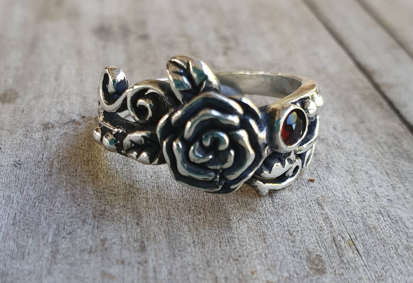 rose ring,sterling silver,Garnet ,flower,boho, steampunk,gothic,art nouveau ,victorian,vintage,handmade,gypsy,goddess,women fashion