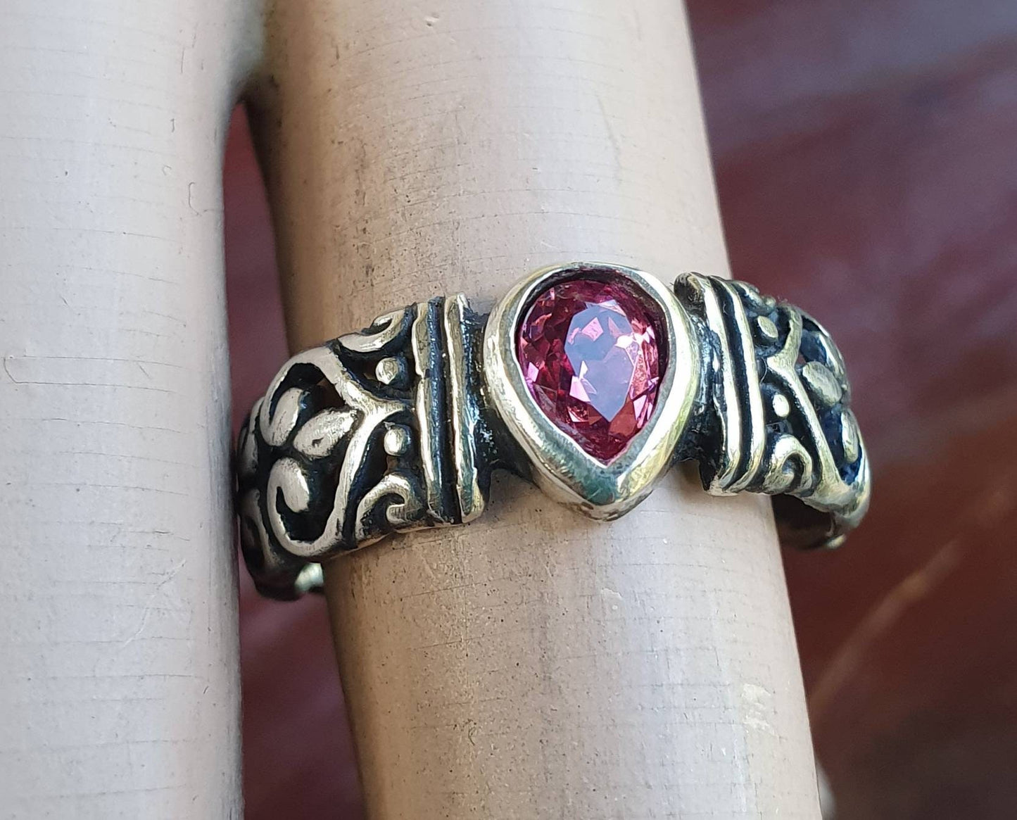 Filegree ring,sterling silver,syn ruby cz,flower,boho,handmade,gypsy,goddess,women fashion