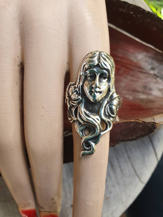 Ladies face,art nouveau,ladies head,sterling silver, goddess,gothic, victorian,boho,shic,gypsy,hippy,long ring,handmade,women's fashion,deco