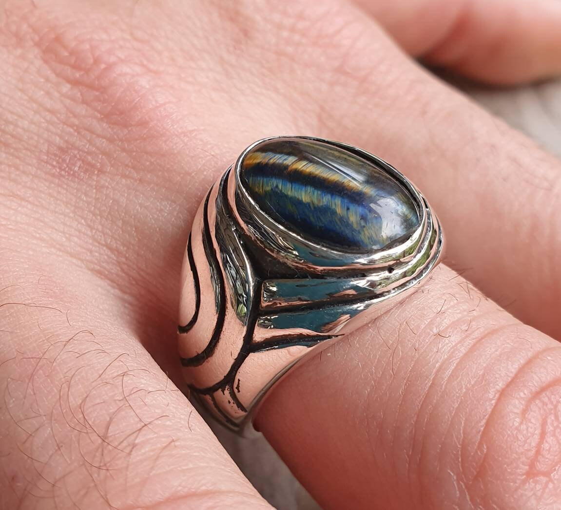 Blue tigers eye ring, sterling silver,chunky,heavy and solid,modern bespoke,boho,mans dress wedding dress ring