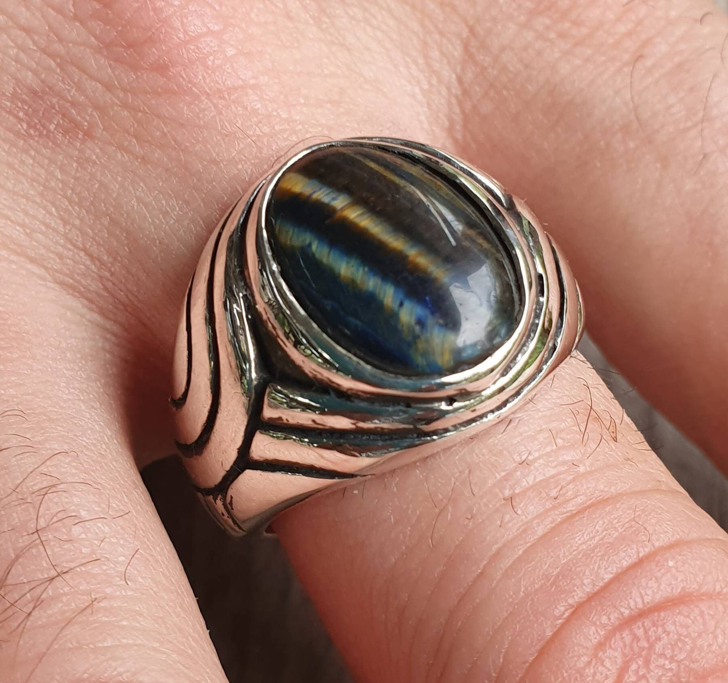 Blue tigers eye ring, sterling silver,chunky,heavy and solid,modern bespoke,boho,mans dress wedding dress ring