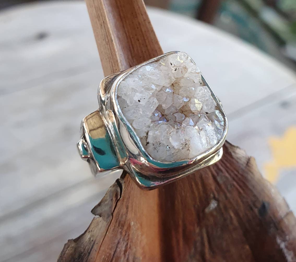 Druzy quartz ring,sterling silver,crystal ring,freeform crystal,chunky original silver ring