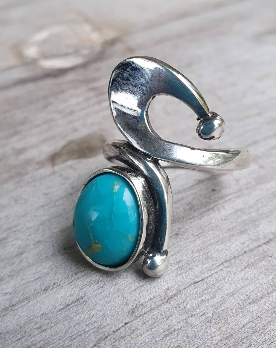 Long turquoise ring sterling  silver art deco art nouveau swirl.