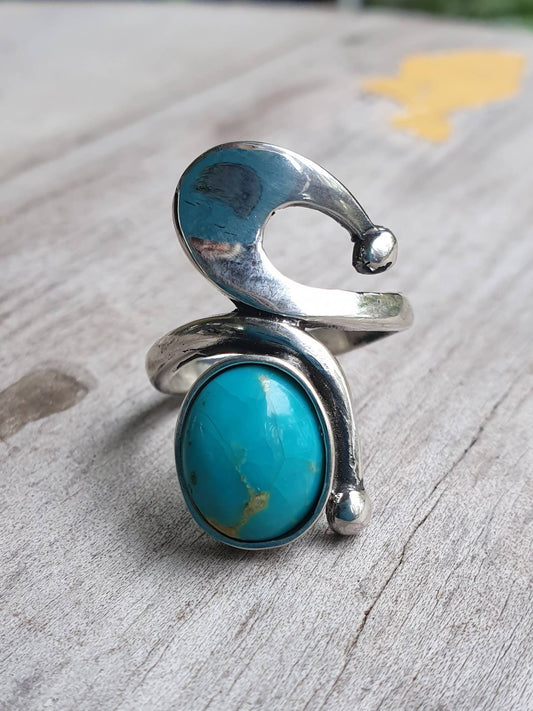 Long turquoise ring sterling  silver art deco art nouveau swirl.