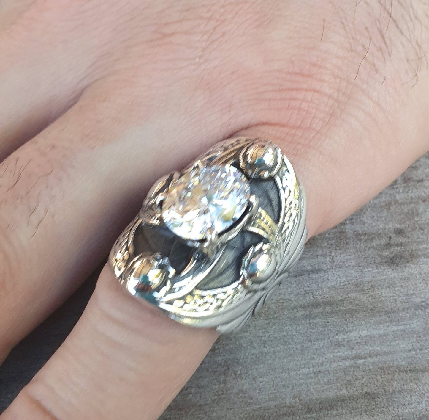 Chunky ring,sterling silver,cubic zirconia,celtic ring,medieval,tribal,vintage,large silver ring,shield,steampunk,celtic shield,vintage ring