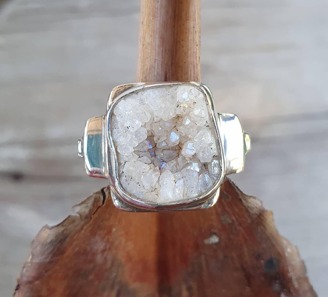 Druzy quartz ring,sterling silver,crystal ring,freeform crystal,chunky original silver ring