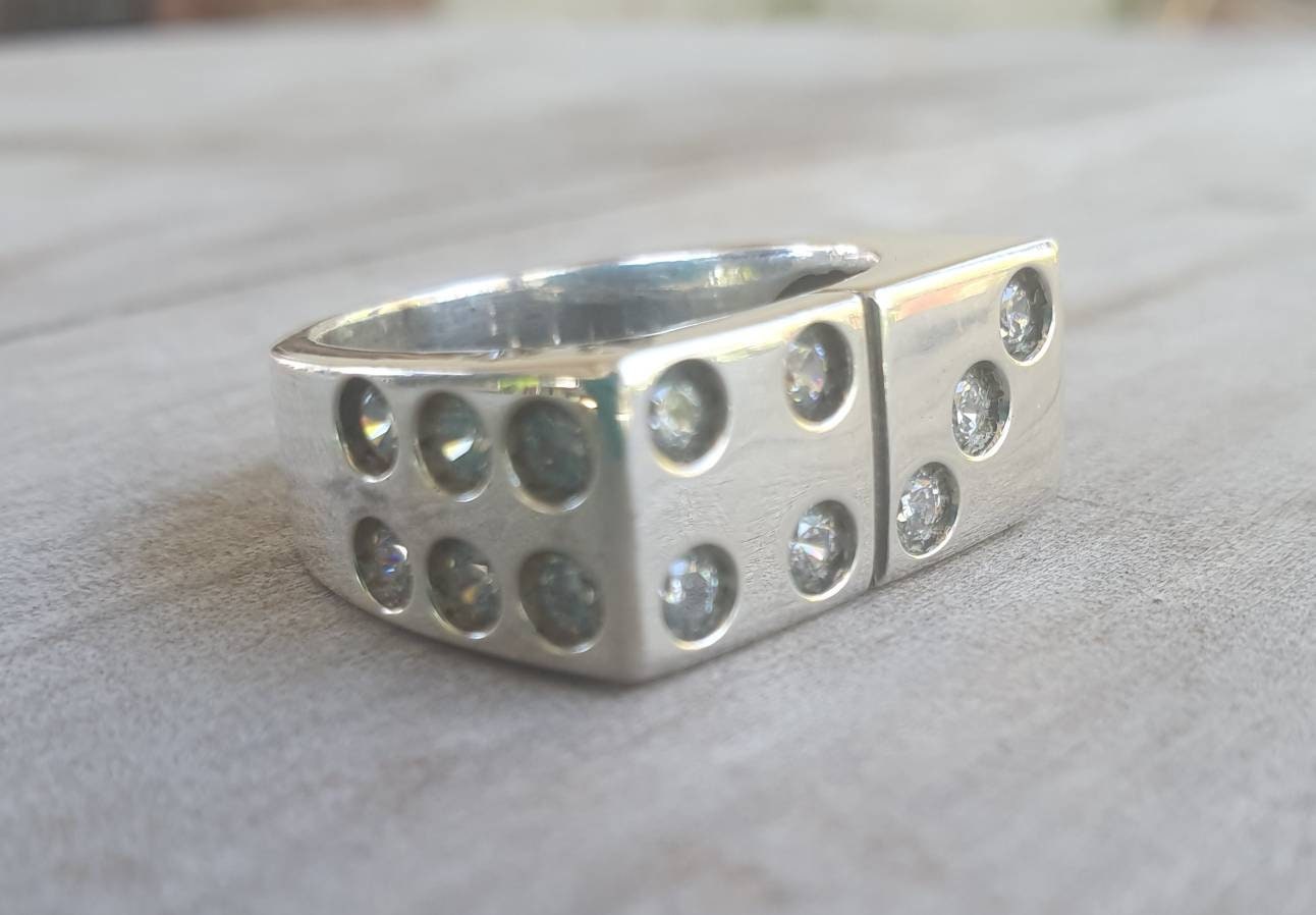 Large dice ring,sterling silver,rectangle signet ring with cz stones,bling ring